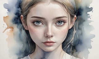 A hauntingly beautiful portrait of a young girl with no mouth, her eyes filled with sorrow and longing. The colors are muted, as if reflecting the emptiness within her. Rendered in a delicate watercolor style.