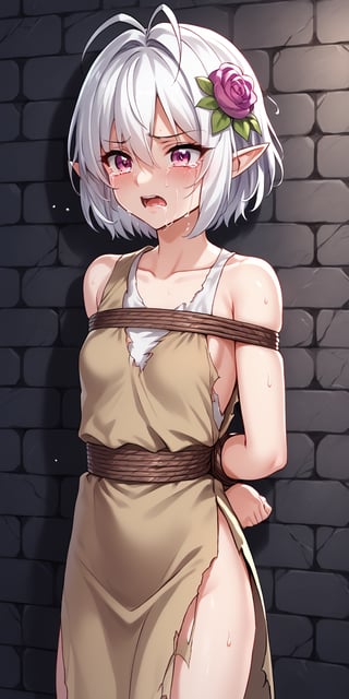 mirham,anime,lora:CYR 0.3v:1.1, detailed,1girl,short hair, white hair, antenna hair, magenta eyes, pointy ears, hair flower, woman begging for forgiveness, crying, hands tied behind her back,dungeon ,Maximum detailed backgrounds,, ,,,tears,torn clothing,one-piece rags,two-piece rags