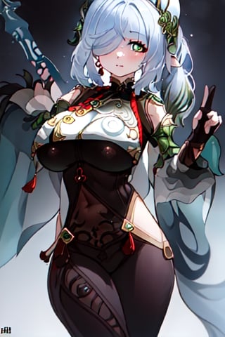 1girl, standing, nahida,shenhe_genshin,
((nahida's face; nahida's hair; green eyes)), 
((shenhe's outfit; shenhe cosplay; shenhe's body)), big_hips, hourglass_figure,
simple_background, (mature), (adult), hentai, ((MILF))