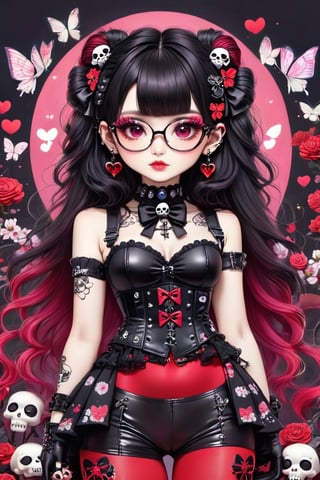 1girl, Catholicpunk aesthetic art, cute goth girl in a fusion of Japanese-inspired Gothic punk fashion, glasses, skulls, goth. black gloves, tight corset, black ribbon, red pantyhose, incorporating traditional Japanese motifs and punk-inspired details,Emphasize the unique synthesis of styles, flowers, butterflies, score_9, score_8_up ,heavy makeup, earrings, Lolita Fashion Clothes, kawaii, hearts ,emo, kawaiitech, dollskill,chibi,Eyes