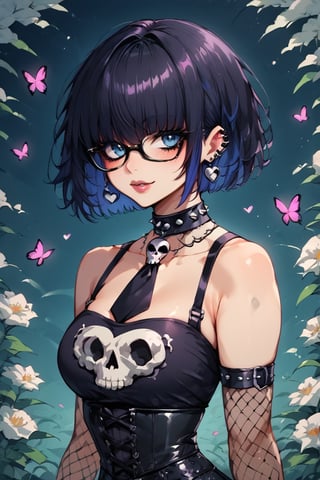 1girl, Catholicpunk aesthetic art, cute goth girl in a fusion of Japanese-inspired Gothic punk fashion, glasses, skulls, goth. black gloves, tight corset, black tie, incorporating traditional Japanese motifs and punk-inspired details,Emphasize the unique synthesis of styles, flowers, butterflies, score_9, score_8_up ,heavy makeup, earrings, Lolita Fashion Clothes, kawaii, hearts ,emo, kawaiitech, dollskill,c0l0urc0r3,goth girl