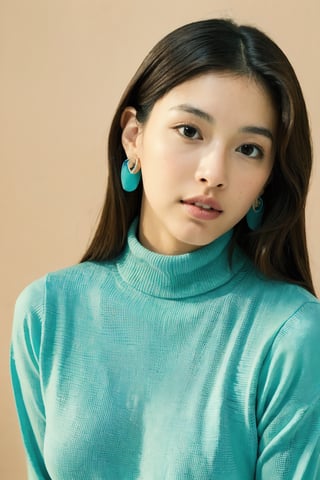 1girl, beautiful face, pearl earrings, (portrait photoshot), wearing (aqua turtleneck sweater:1.2) up to her chin, long dark wavy hair, thick hair, (simple plain background). Looking at the viewer