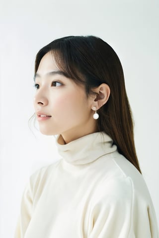 1girl, beautiful face, pearl earrings, (portrait photoshot), wearing (white turtleneck sweater:1.2) up to her chin, long dark wavy hair, (simple plain background)