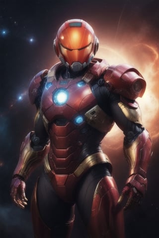 solo, 1boy, male focus, armor, glowing, robot, science fiction, space, power armor, power suit \(metroid\), samus aran,photorealistic