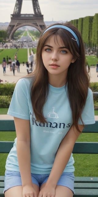 Master piece, generate image of a Girl with headphones, cap, dreamy expression, sitting a bench in the gardens of the Eiffel tower, training wear, t-shirt and sport shorts, (ultra detailed perfect piece:1.2), illustration, masterpiece, (extremely detailed CG 8k), (very fine 8K CG), (1girl:1.2), (dark hair), long hair, wavy hair, hair over one eye, sparkling, light blue eyes, looking at side,Ycen