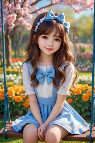 (best quality, highres), long brown hair,bow on head,girl,beautiful detailed eyes,beautiful detailed lips,long eyelashes,soft facial features, cute smile, looking at, flower garden background, sitting on a swing, vibrant colors,pleasant lighting,artistic rendering,(The cutest girl in the world:1.5),cccen