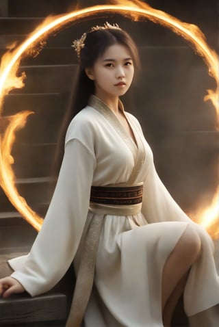 (medium shot) with ((Aerial view):1.5), bird's eye view, look at camera, detailed face, perfect ethereal glamorous face, bright eyes, a 15-years-old ((ethereal breathtakingly beautiful):1.2) demon princess, a lustful princess, kneeling on a fire magic circle, translucent appearance, (hyperrealistic:1.5), Yokozuwari,  (pronounced facial features):1.4, white hanfu with long skirt, dark embroidery, concept art style, (epic scene of hell flame):1.4, Chinese girl ,CCENN,cccen,Ycen