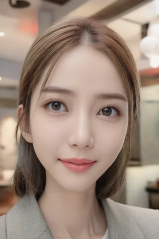 ((masterpiece, Best quality)), Professional lighting, physics-based rendering, very cute, extremely detailed eyes and face, eyes with beautiful details, (beautiful Japanese girl:1.05), Focus of the face, from above, smile, gray suit