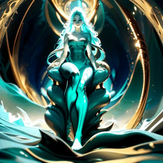 Aphrodite ascending from golden ocean foam, surrounded by adoring cherubs and dolphins, in a stylized neoclassical painting, seafoam green and rose hues dominating, curling ocean waves at her feet, scattered light from the horizon highlighting her flowing hair and ethereal gown, soft glow emanating from her, ultra-realistic, octane rendering.