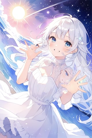 a cute girl reaching starry sky,aurora,The moonlight shines on the face,Mirror-like water,Mare's nest,Look up at the stars,masterpiece, best quality, aesthetic، in Daybreak Purple sky The appearance of a sun streak A girl with long white hair, wearing a white dress, blue eyes, smiling 