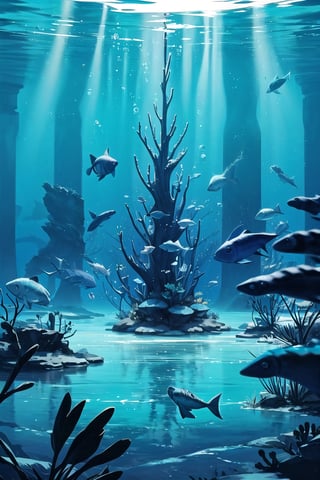 A serene backdrop of a large, majestic aquarium fills the frame, with the gentle glow of soft blue lighting casting a calming ambiance. The camera captures a stunning backview, showcasing the mesmerizing array of aquatic life in the distance. In the foreground, intricate details and masterful shadow effects bring the underwater world to life, as if gazing into an actual aquarium. The tranquil atmosphere is further enhanced by the peaceful environment, where the soothing colors of blue and the calming sounds of aquatic life create a sense of serenity.