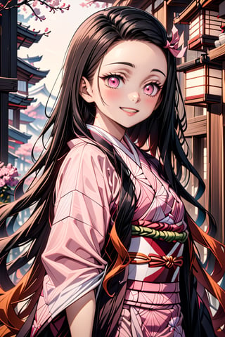 Masterpiece, best quality, Highres, 4K, 1girl, beautiful  face, happiness, extremely detailed, half body, color splashes, line art, art, fibonacci,more detail XL, Details, Kamado Nezuko, black hair, pink eyes, forehead, hair ribbon, japanese clothes, kimono, pink kimono long hair, very long hair, multicolored hair, pink ribbon, ribbon, smile