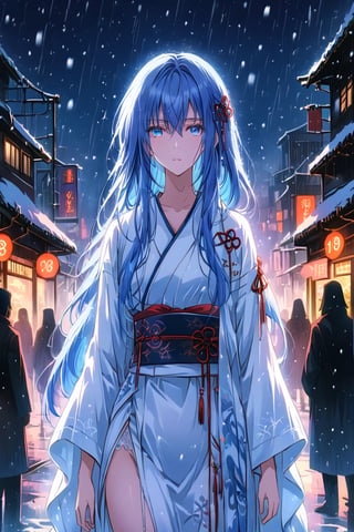 Score_9, Score_8_up, Score_7_up, seduce gaze, yuki onna, mosnter girl, ghost type, glowing blue eyes, snowing, long blue hair, white kimono dress, midnight