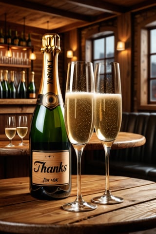 A photorealistic image of a bottle of Champagne with two glass on a wooden table in a cozy bar and the Text ((('Thanks for 10K'))),Text