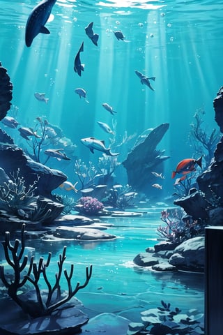 A serene backdrop of a large, majestic aquarium fills the frame, with the gentle glow of soft blue lighting casting a calming ambiance. The camera captures a stunning backview, showcasing the mesmerizing array of aquatic life in the distance. In the foreground, intricate details and masterful shadow effects bring the underwater world to life, as if gazing into an actual aquarium. The tranquil atmosphere is further enhanced by the peaceful environment, where the soothing colors of blue and the calming sounds of aquatic life create a sense of serenity.