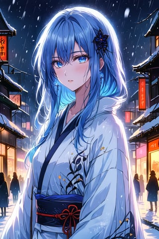 Score_9, Score_8_up, Score_7_up, seduce gaze, yuki onna mosnter girl, ghost type, glowing blue eyes, snowing, long blue hair, white kimono dress, midnight