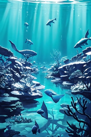 A serene backdrop of a large, majestic aquarium fills the frame, with the gentle glow of soft blue lighting casting a calming ambiance. The camera captures a stunning backview, showcasing the mesmerizing array of aquatic life in the distance. In the foreground, intricate details and masterful shadow effects bring the underwater world to life, as if gazing into an actual aquarium. The tranquil atmosphere is further enhanced by the peaceful environment, where the soothing colors of blue and the calming sounds of aquatic life create a sense of serenity.