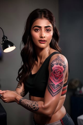 Best quality, pooja hegde, long hairs, black hair, high resolution image, realistic, perfect scenario of a tattoo artist woman, she is making an amazing tattoo for her client at tattoo parlor, a professional artist, herself has an amazing tattoo on her body,  this scenario was captured with DSLR camera shot with cinematic lighting. ,pooja hegde,