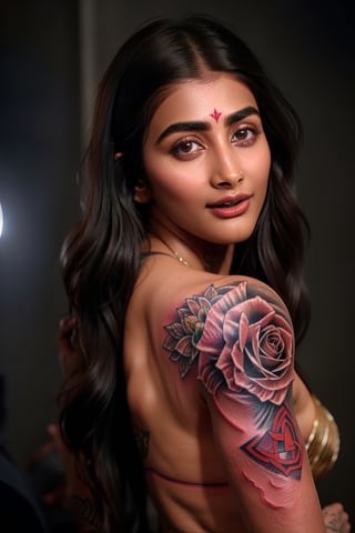 Best quality, pooja hegde, long hairs, black hair, high resolution image, realistic, perfect scenario of a tattoo artist woman, she is making an amazing tattoo for her client at tattoo parlor, a professional artist, herself has an amazing tattoo on her body,  this scenario was captured with DSLR camera shot with cinematic lighting. ,pooja hegde,