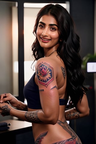 Best quality, pooja hegde, long hairs, black hair, high resolution image, realistic, perfect scenario of a tattoo artist woman, she is making an amazing tattoo for her client at tattoo parlor, a professional artist, herself has an amazing tattoo on her body,  this scenario was captured with DSLR camera shot with cinematic lighting. ,pooja hegde,