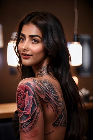 Best quality, pooja hegde, long hairs, black hair, high resolution image, realistic, perfect scenario of a tattoo artist woman, she is making an amazing tattoo for her client at tattoo parlor, a professional artist, herself has an amazing tattoo on her body,  this scenario was captured with DSLR camera shot with cinematic lighting. ,pooja hegde,