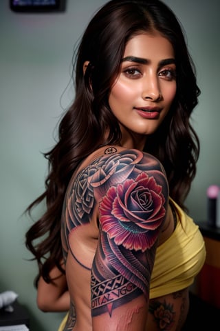 Best quality, pooja hegde, long hairs, black hair, high resolution image, realistic, perfect scenario of a tattoo artist woman, she is making an amazing tattoo for her client at tattoo parlor, a professional artist, herself has an amazing tattoo on her body,  this scenario was captured with DSLR camera shot with cinematic lighting. ,pooja hegde,