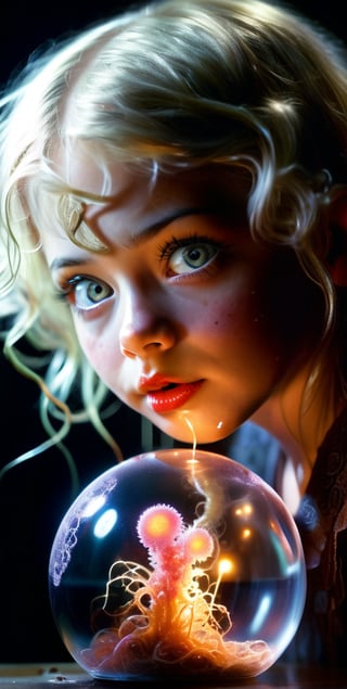 alian electric sphere depicting bacteria art .8K,RAW, Style by J.C. Leyendecker. Canon 5d  4, Kodak Ektar, 35mm,Long_Exposure .realistic .shadowing lighting. shinning through form the background..   a pale faced child in a horror movie . shocking features. macabre  art