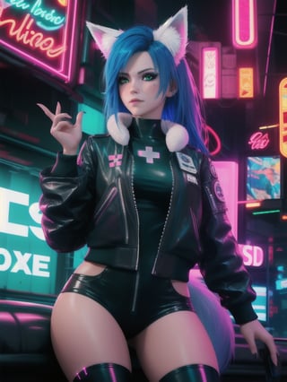 1 girl, beautiful woman, asian, hawaiian, fox girl, blue hair, fox ears, green eyes, fox tail, neon lights, long hair, blue tail, fluffy tail, Lightning,cyberpunk, cYbeR, ,CyberRitaMoxBouncer, medic, meditech, EMT, nurse outfit, biker jacket, leather clothes