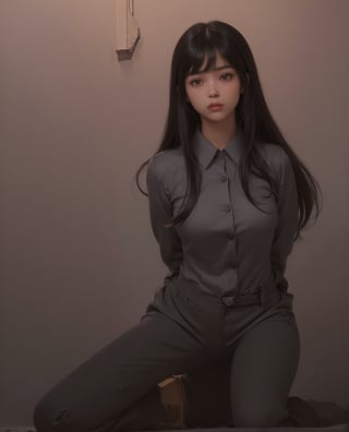 ((((Top_button_collared_long_sleeve_shirt:1.5)))),(((long_pants:1.4))),(((((arms_tied_behind_back,arms_bent:1.7))))),(((kneeling:1.6))),(((((long_hair_with_complete_bangs:1.6))))),(((((side_camera_shot:1.6))))),(((beautiful and aesthetic:1.4))),(expressionless),((((plastic_surgery_round_cheeks, high-bridged_nose:1.5)))),(communist_prison_cell:1.7),
perfect.,Bomi,Enhance,Model ,Asian ,eungirl,((((1girl)))).,((Perfect lips)).,perfect light.,insane details ,high details,perfect light