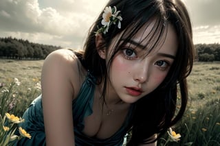 (masterpiece, best quality, photorealistic, raw photo,1 girl, sexy girl, beautiful girl, young girl, solo, Realism,natural light, ray tracing, Subsurface scattering, high-resolution, realistic style, 8k , official art, aesthetic, high contrast, extreme detailed background, soothing tones, ambient lighting, realistic face, beautiful face, perfect face, detailed face, detailed hair, detailed finger, detailed hands, shiny skin, perfect skin:1.2), blush, Blunt bangs, long hair, (Wearing dress, looking down,flowers, grassland:1.4), cleavage,nipples,down blouse, breasts,(bent over and from front:1.3),