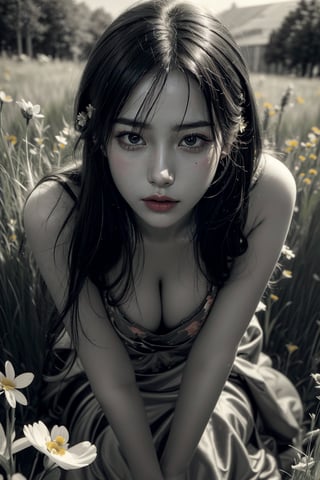 (masterpiece, best quality, photorealistic, raw photo,1 girl, sexy girl, beautiful girl, young girl, solo, Realism,natural light, ray tracing, Subsurface scattering, high-resolution, realistic style, 8k , official art, aesthetic, high contrast, extreme detailed background, soothing tones, ambient lighting, realistic face, beautiful face, perfect face, detailed face, detailed hair, detailed finger, detailed hands, shiny skin, perfect skin:1.2), blush, Blunt bangs, long hair, (Wearing dress, looking down,flowers, grassland:1.4), cleavage,nipples,down blouse, breasts,(bent over and from front:1.3),