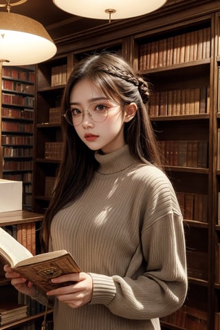 one beautiful girl,{masutepiece}, ((Best Quality)), hight resolution, {{Ultra-detailed}}, {extremely details CG}, {8k wall paper},kawaii,anime, Library Ladder, Climbing to reach a top-shelf book, Evening, Books of various sizes surrounding her, Vertical view of the tall bookshelf, Warm overhead lighting, Focus on her curiosity, Leather and paper Texture, Knowledge-seeking Mood, Wearing glasses and a sweater, Hair in a loose bun,look at viewer