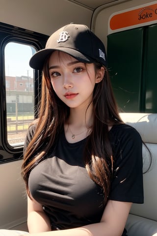 1girl, solo, long hair, breasts, looking at viewer, smile, large breasts, brown hair, shirt, hat, brown eyes, black shirt, upper body, day, lips, letterboxed, ground vehicle, t-shirt, baseball cap, realistic, train interior