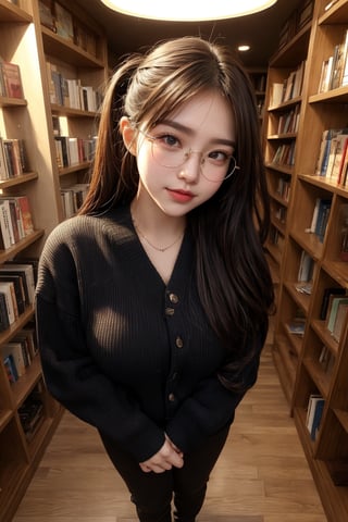 one beautiful girl,{masutepiece}, ((Best Quality)), hight resolution, {{Ultra-detailed}}, {extremely details CG}, {8k wall paper},kawaii,anime, Library Ladder, Climbing to reach a top-shelf book, Evening, Books of various sizes surrounding her, Vertical view of the tall bookshelf, Warm overhead lighting, Focus on her curiosity, Leather and paper Texture, Knowledge-seeking Mood, Wearing glasses and a sweater, Hair in a loose bun.(big sunny smile,full body)