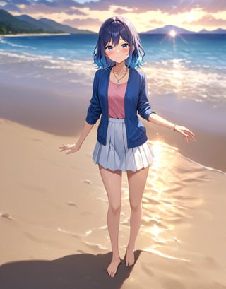 masterpiece, best quality,(beautiful detailed eyes),(1 girl), solo,(depth of field),(solo focus),8K,HDR,(ultra high res),(Exquisite visuals),(perfect lighting),(narrow waist),(full body),(lens flare),(smiles),blush,(nice hands),(perfect hands),(arm support),((absurdres)),(akane), (blue eyes),(blue hair, gradient hair),(medium hair),(collarbone),(necklace),(blue jacket),(open jacket),(pink shirt),(white skirt),(barefoot),(feet),(toenail polish),(no shoes),(standing),outdoors, water,(beach),cloud,ocean,mountain,closed_mouth,(more detail XL)