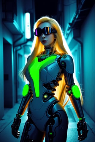 cybernetic enhanced female, flowing long blonde  hair, in a neon lit alleyway, wearing green goggles