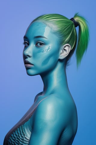 chromatic background, girl, scaley blue skin, green ponytail,