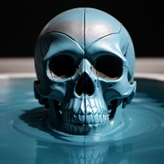 a cybernetic skull, melts into a pool of blue liquid. a silver dagger in the background