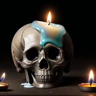 a church candle , melts on a cybernetic skull, 