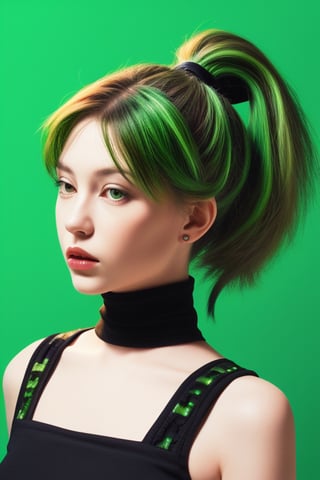 chromatic background, feline woman, green ponytail.