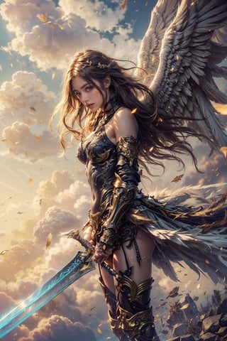 1girl, solo, long hair, golden hair, big breasts, thighhighs, holding, bare shoulders, standing, weapon, wings, sky, sword, cloud, holding weapon, armor, holding sword, wind, gauntlets, feathered wings, angel, ethereal light,fantasy