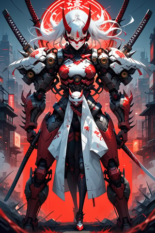 full body albino woman oni samurai mecha  , katana in red neon,  mask, white hair, robot, science fiction, android, cyborg, robot joints, cyberpunk, mechanical parts, mask, blunt bangs, oni, horns, metallic, spikes, black and gold and red, background city of neon tokio 
