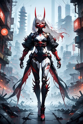 full body albino woman oni samurai mecha  ,  mask, white hair, robot, science fiction, android, cyborg, robot joints, cyberpunk, mechanical parts, mask, blunt bangs, oni, horns, metallic, spikes, black and gold and red, background city of neon tokio 
