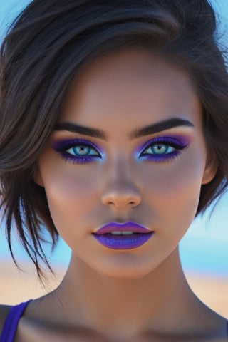 Chica con desierto de fondo. Viste un sujetador de color negro. Sus hermosos ojos azules con tonos violetas, un par de pecas en la cara repartidas por sus rosados pómulos y sus mejillas. Su pelo era blanco. Se le ve todo el cuerpo