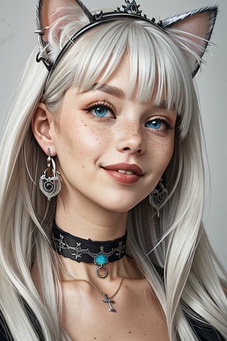 1 albino woman , solo, long hair, smile, blue eyes,gothic clothes and  jewelry, closed mouth, white hair, earrings, choker, lips, animal, black choker, cat, looking up, portrait, freckles, on head, animal on head, cat on head
