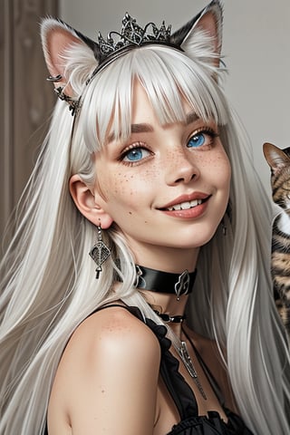 1 albino woman , solo, long hair, smile, blue eyes,gothic clothes and  jewelry, white hair, earrings, choker, lips, animal, black choker, cat, looking up, portrait, freckles, on head, animal on head, cat on head ,she is walking 
