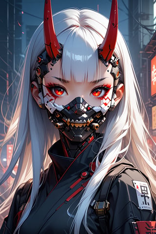 girl, cute, mask, white hair, robot, science fiction, android, cyborg, robot joints, cyberpunk, mechanical parts, mask, blunt bangs, oni, horns, metallic, spikes, black and gold and red
