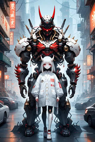 full body albino woman , cute, mask, white hair, robot, science fiction, android, cyborg, robot joints, cyberpunk, mechanical parts, mask, blunt bangs, oni, horns, metallic, spikes, black and gold and red, background city of neon tokio 
