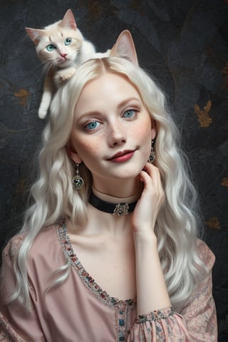 1 albino woman , solo, long hair, smile, blue eyes,gothic clothes and  jewelry, closed mouth, white hair, earrings, choker, lips, animal, black choker, cat, looking up, portrait, freckles, on head, animal on head, cat on head
