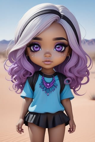 Chica con desierto de fondo. Viste un sujetador de color negro. Sus hermosos ojos azules con tonos violetas, un par de pecas en la cara repartidas por sus rosados pómulos y sus mejillas. Su pelo era blanco. Se le ve todo el cuerpo, chibi style